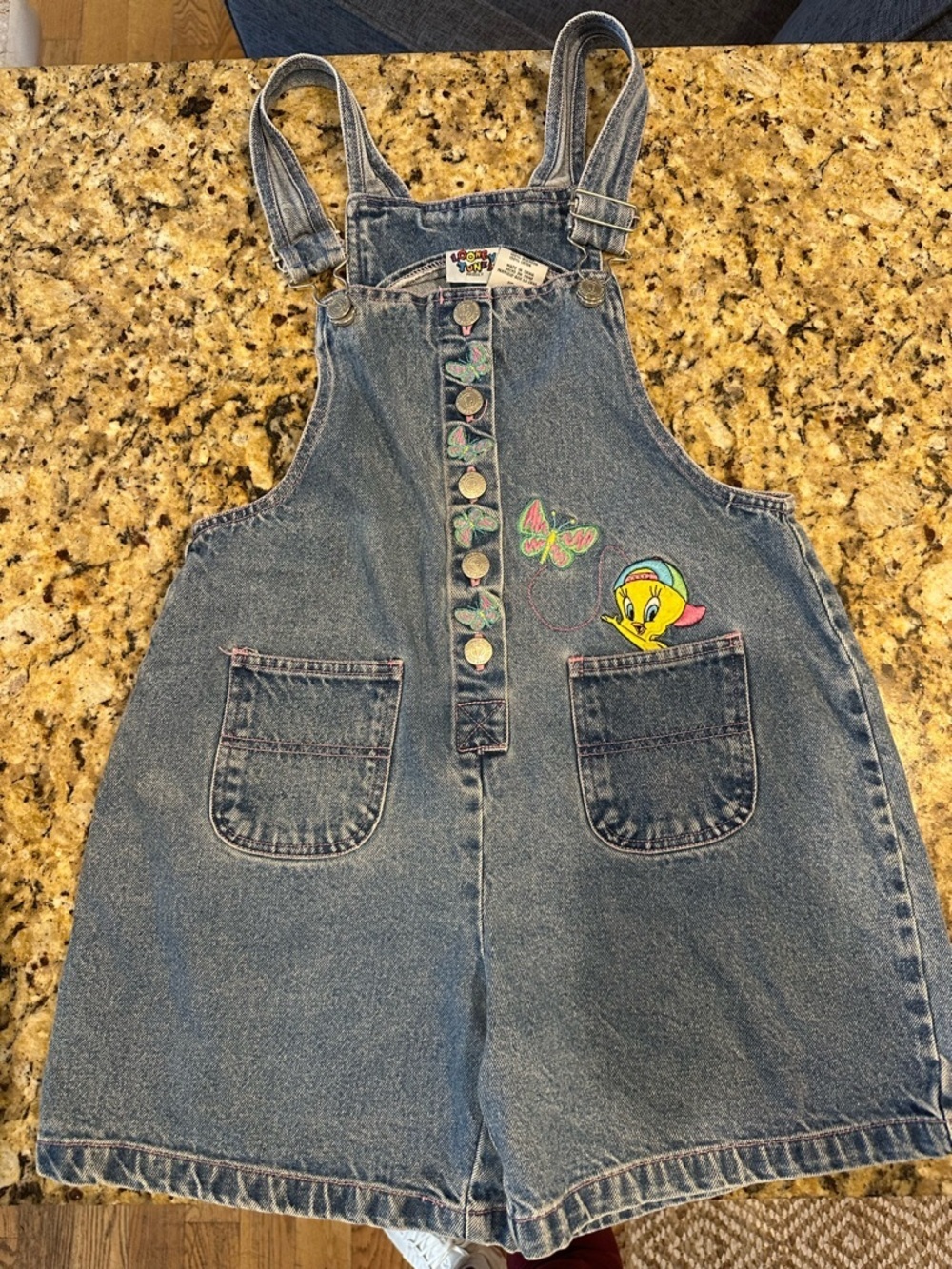 Vintage 1997 Girls Looney Tunes Short Overalls Tweety Bird sz 8